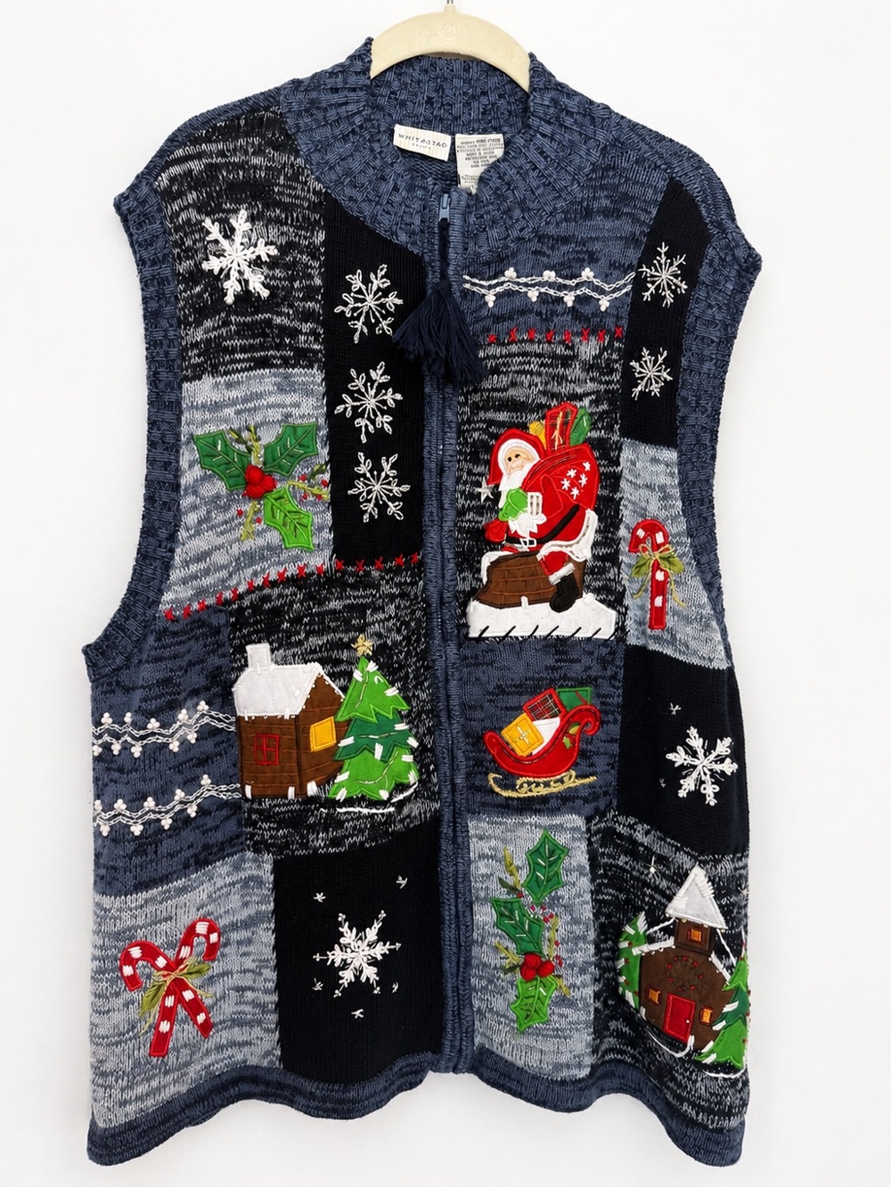 White Stag Christmas Sweater Vest Santa Applique Beaded Patchwork Embroidered